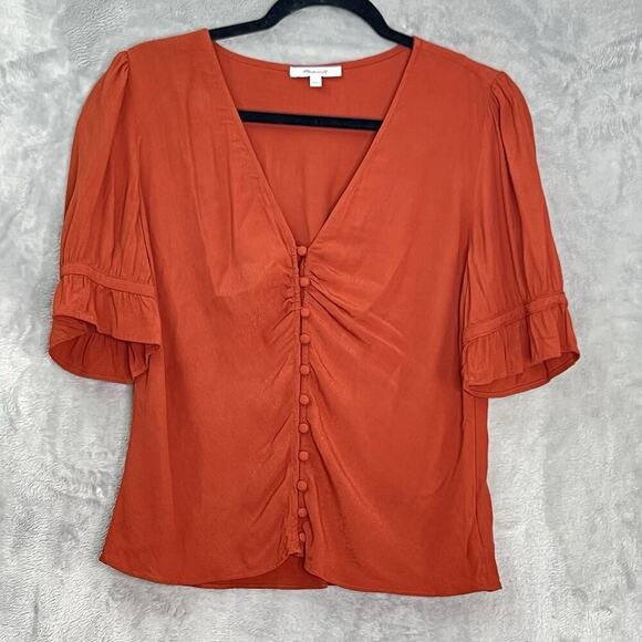 Madewell Top Womens 4 Button Front V-Neck Ruched Back Burnt orange - Picture 1 of 11